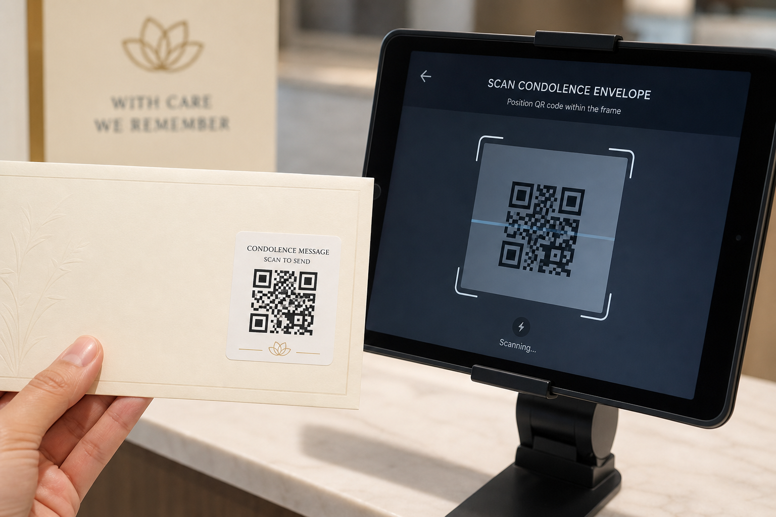 부의봉투 QR 라벨을 키오스크로 스캔하는 장면